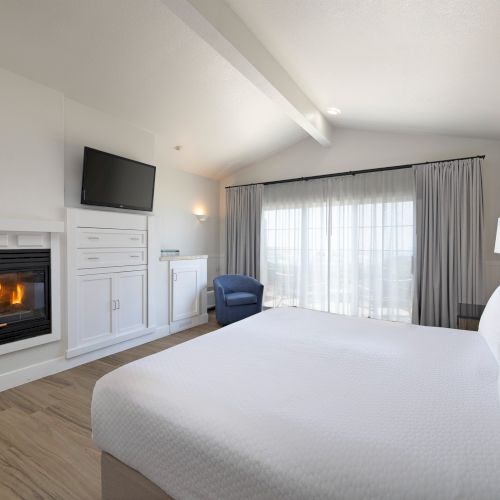 A modern living room with a wall-mounted fireplace, a gray sofa, a flat-screen TV, and a bright, tidy space near a large window.