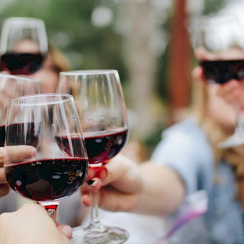 A group of people clinking glasses of red wine in a toast, outdoors.