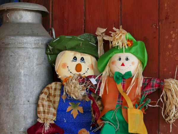 Two smiling scarecrow dolls with straw hats sit by a large metal watering can, against a red wooden wall, with more straw around them.